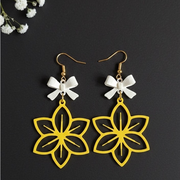 Handmade Jewelry - Yellow Floral Earrings with White Bow Accents